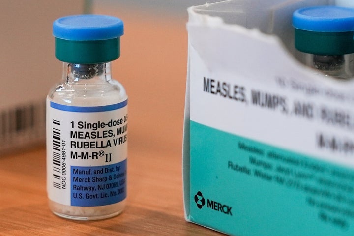 A vial of the measles, mumps and rubella vaccine is on display at the Lubbock Health Department in Lubbock, Texas.