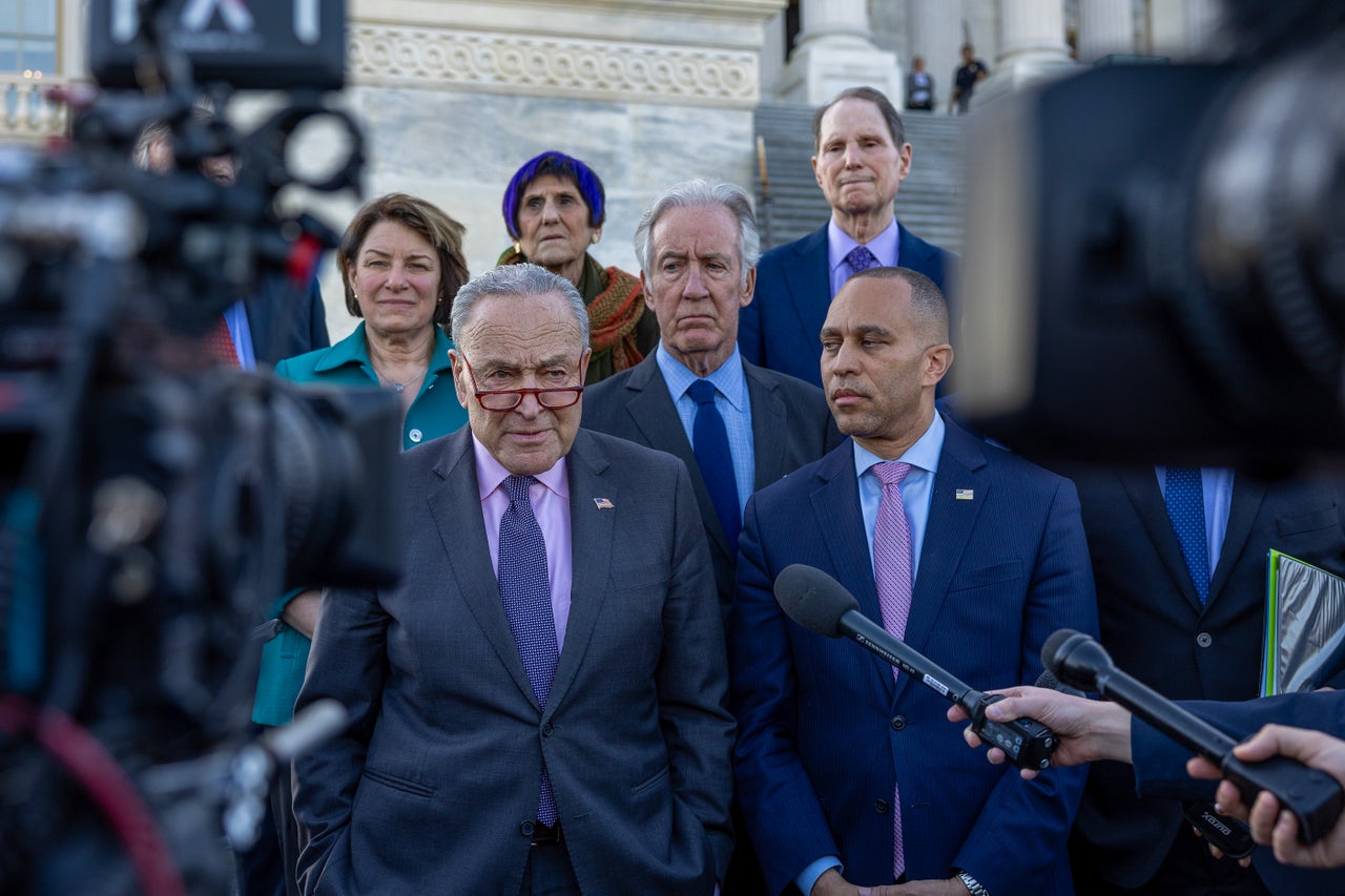 WASHINGTON, DC - APRIL 01: U.S. Senate Minority Leader Chuck Schumer (D-NY) and House Minority Leader Hakeem Jeffries (D-NY) speak to the media outside the Capitol on April 01, 2025 in Washington, DC. Sen. Cory Booker (D-NJ) spoke on the Senate floor for more than 25 hours protesting President Trump’s agenda, breaking a record set by Sen. Strom Thurmond's 24 hour, 18 minute filibuster against the Civil Rights Act in 1957. (Photo by Tasos Katopodis/Getty Images)