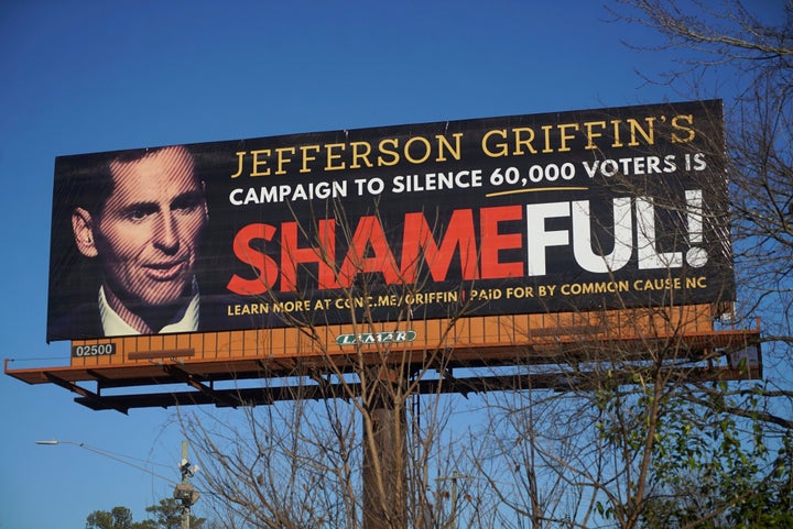 A billboard criticizing Republican state Supreme Court candidate Jefferson Griffin is seen on Capital Boulevard in Raleigh, North Carolina, Wednesday, Jan. 15, 2025.