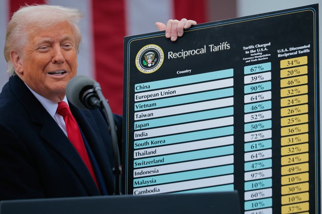 相互関税の税率が書かれた票を掲げるトランプ氏（2025年4月2日）