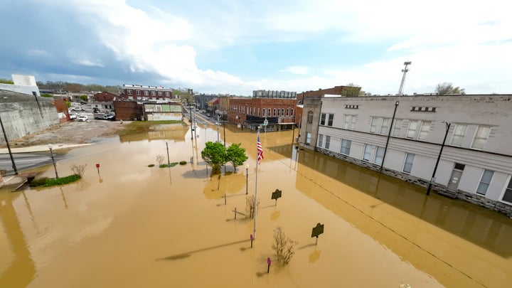 In an aerial view, water covers roadways following extreme flooding that has caused significant damage throughout the area on April 04, 2025 in Hopkinsville, Kentucky. (Photo by Jason Davis/Getty Images)