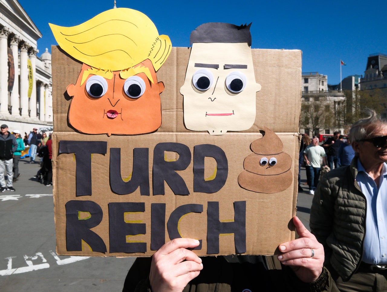 LONDON, UNITED KINGDOM - APR 05, 2025 - 'Hands Off' protest in Trafalgar Square, against Donald Trump and Elon Musk and the Maga government in America. (Photo credit should read Matthew Chattle/Future Publishing via Getty Images)