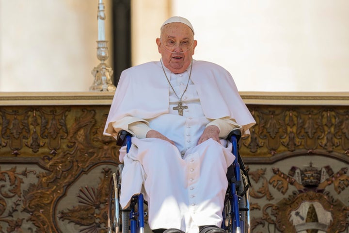 Pope Francis arrives at the end of a mass in St. Peter's Square at The Vatican, Sunday, April 6, 2025, part of the jubilee of the sick and the health workers. (AP Photo/Andrew Medichini)