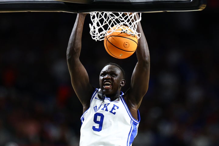 Khaman Maluach of the Duke Blue Devils dunks against Houston in a semifinal of the NCAA tournament.