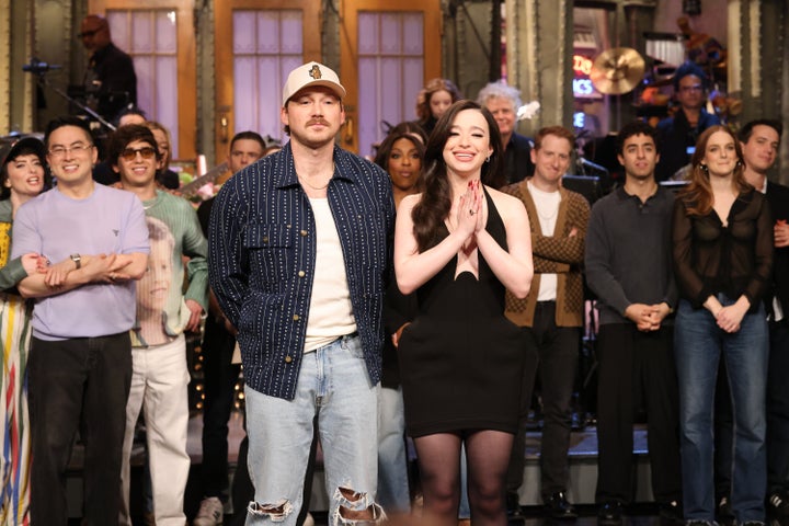 Musical guest Morgan Wallen and host Mikey Madison during Goodnights & Credits on March 29.