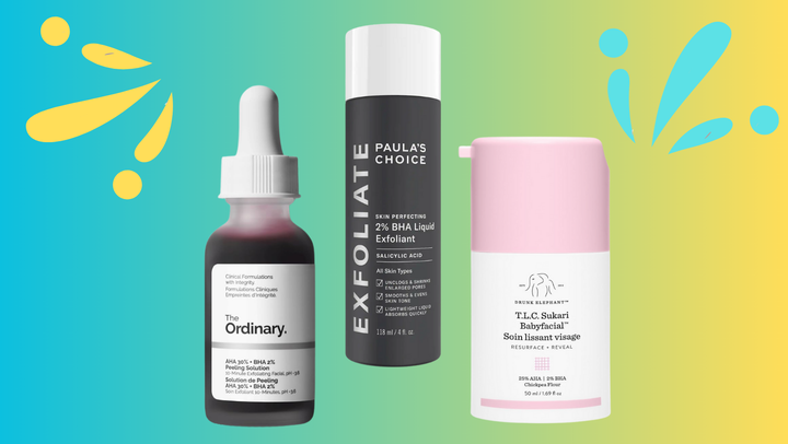 The Ordinary AHA 30% + BHA 2% resurfacing + exfoliating peeling solution, Paula's Choice Exfoliate 2% BHA liquid exfoliant and Drunk Elephant T.L.C. Sukari Babyfacial.