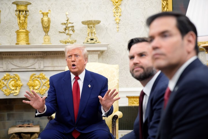 President Donald Trump during a bilateral meeting with Benjamin Netanyahu, Israel's prime minister, not pictured, in the Oval Office of the White House in Washington, D.C., on Monday. Netanyahu said his country would work to eliminate trade barriers and deficits with the U.S. 
