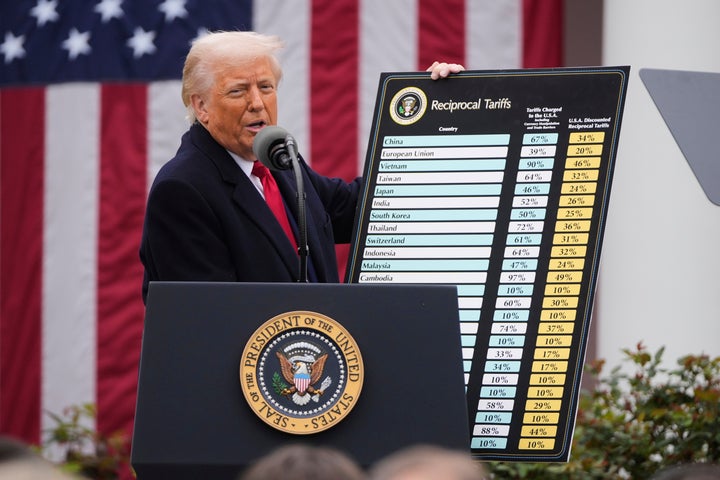 President Donald Trump reveals his new tariff policy at the White House on April 2.
