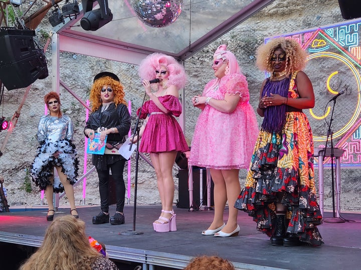 Lil Miss Hot Mess (second from left) performs at a Drag Story Hour's Dragtivity Day at Cheer Up Charlies in Austin, Texas, March 11, 2023, with Ona Louise, Brigitte Bandit, Emoji Nightmare and Black Benatar.