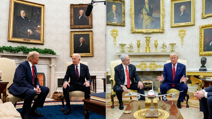The Oval Office's neutral tone under Joe Biden, left, and the blinged version under Donald Trump, right.