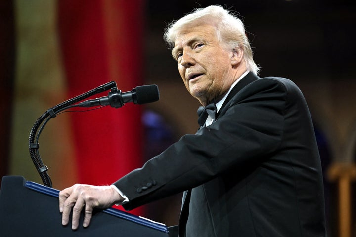 U.S. President Donald Trump speaks at the National Republican Congressional Committee's (NRCC) "President's Dinner" at the National Building Museum in Washington, DC on April 8, 2025. (Photo by SAUL LOEB/AFP via Getty Images)