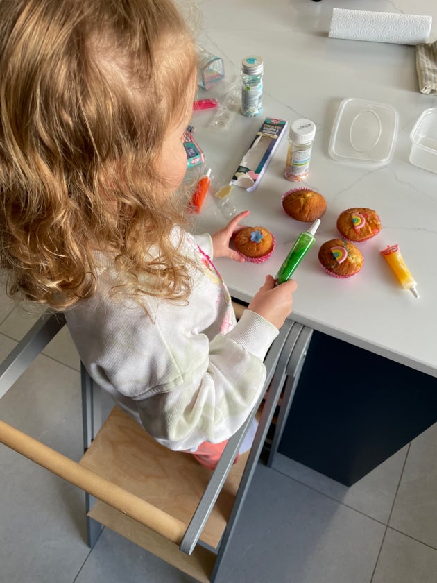 The toddler tower is great for baking.