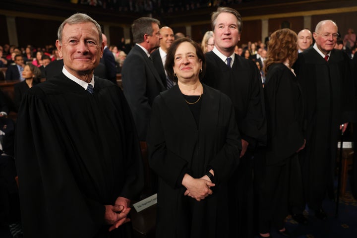Chief Justice of the Supreme Court John Roberts, Justice Elena Kagan and Justice Brett Kavanaugh attend President Donald Trump's address to a joint session of Congress on March 4.