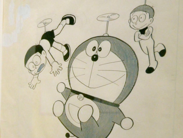 オープンした「川崎市藤子・Ｆ・不二雄ミュージアム」で展示されているドラえもん第１話「未来の国からはるばると」などの原画（神奈川・川崎市多摩区）