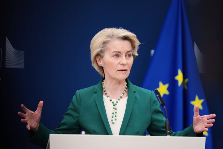 European Commission President Ursula von der Leyen addresses journalists during a media convention astatine EU office successful Brussels, Monday, April 7, 2025. (AP Photo/Virginia Mayo)