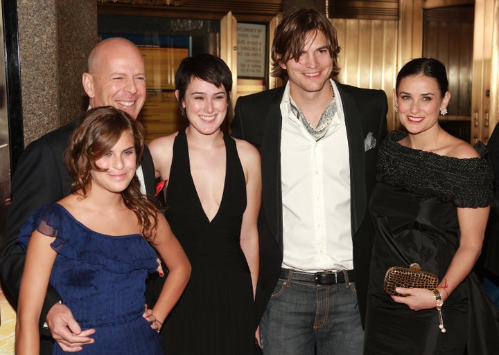 From left to right: Tallulah Willis, Bruce Willis, Rumer Willis, Ashton Kutcher and Demi Moore at the "Live Free Or Die Hard" premiere on June 22, 2007 in New York.