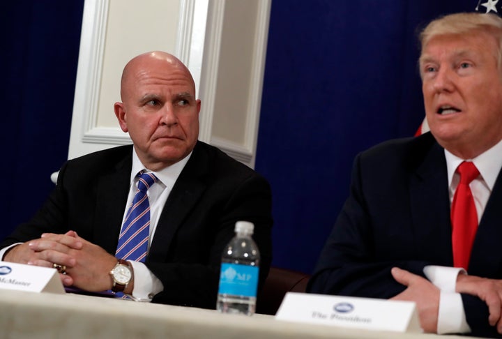 National security adviser H.R. McMaster listens to President Donald Trump during a security briefing in 2017 at Trump National Golf Club in Bedminster, New Jersey.
