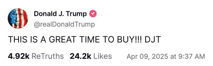 President Donald Trump wrote on social media that it is "A GREAT TIME TO BUY!!!" hours before he announced he was pausing his worldwide tariffs, sending markets soaring.