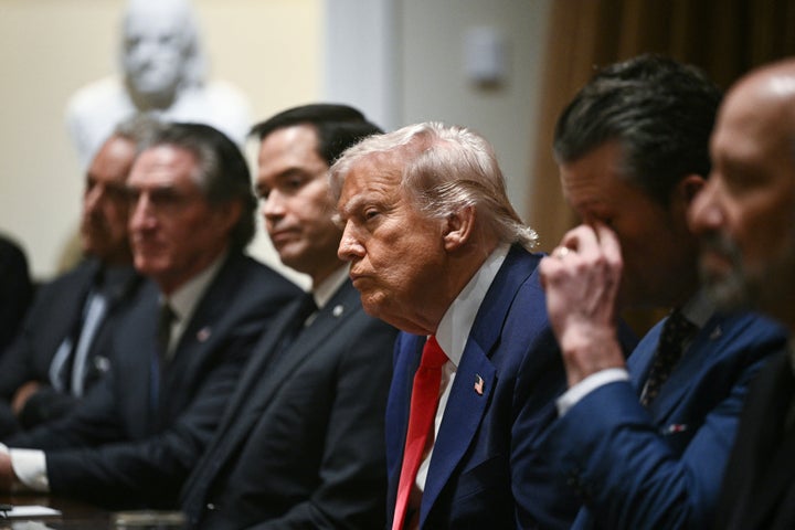 President Donald Trump looks on during a cabinet meeting at the White House on April 10, 2025, in Washington, D.C.