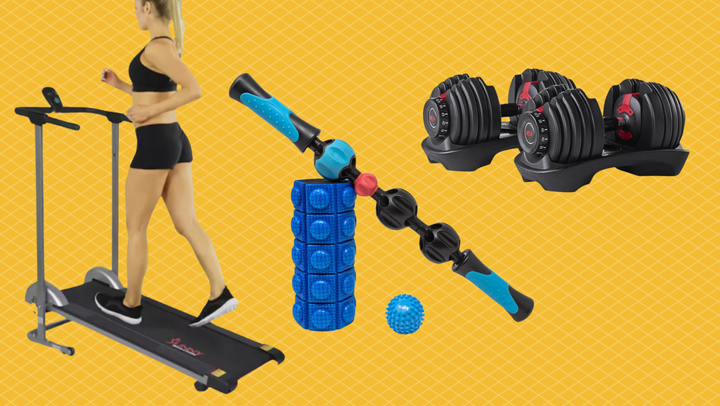 A foldable treadmill, a ProStretch kit and a set of Bowflex weights. 
