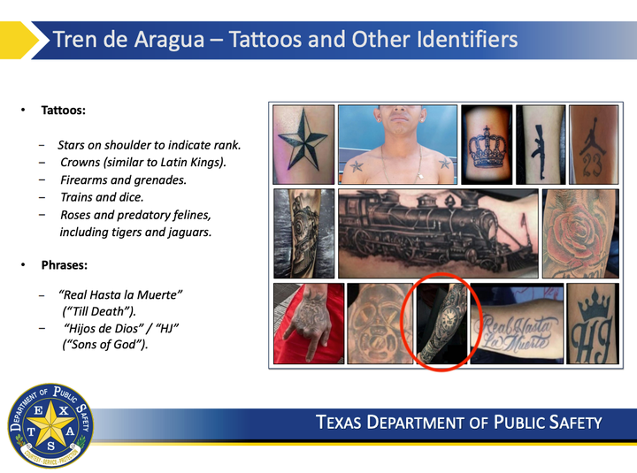 A slide from a Texas Department of Public Safety PowerPoint purporting to show Tren de Aragua identifiers includes a random British man's clock tattoo.