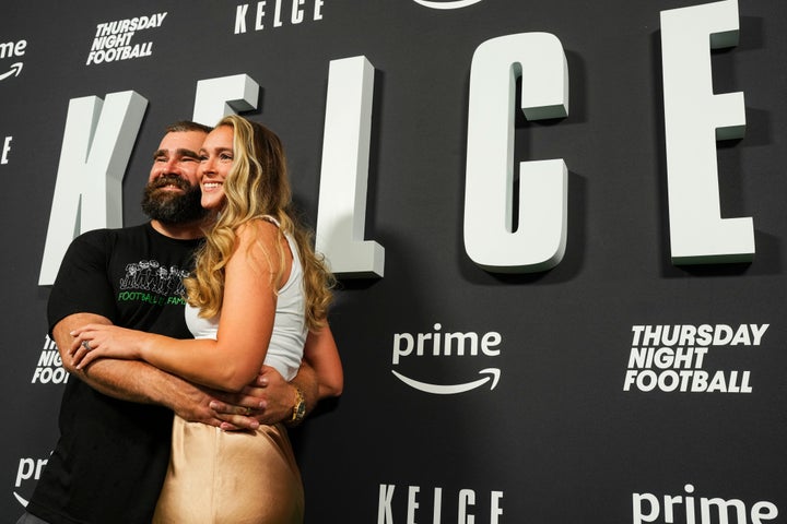 Jason Kelce poses for a photo with Kylie Kelce during the Kelce documentary premiere at Suzanne Roberts Theater on September 8, 2023, in Philadelphia, Pennsylvania.