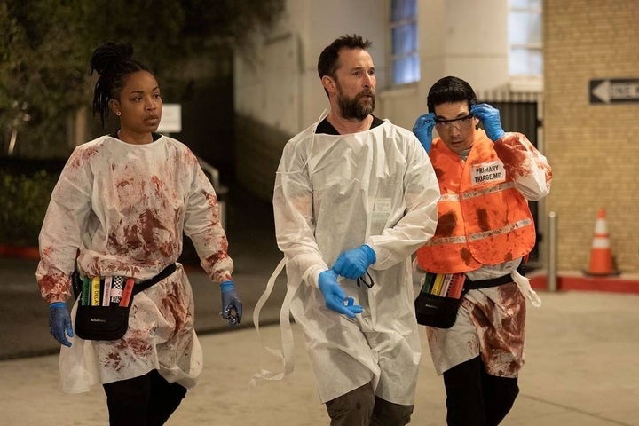 (L-R) Ayesha Harris as Dr. Ellis, Wyle as Dr. Robby and Ken Kirby as Dr. Shen in "The Pitt."