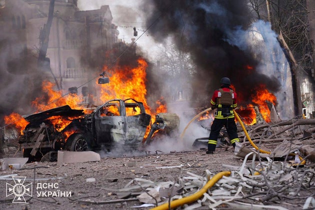 Firefighters put out a blaze following Russia's missile attack that killed at least 31 civilians in Sumy, Ukraine.