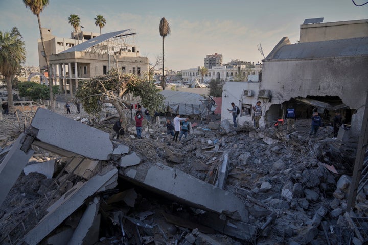 The outpatient and laboratory wards of the Al-Ahli Arab Baptist hospital are seen after being hit by an Israeli army strike late Saturday, following a warning issued by the army to evacuate patients, in Gaza City, Sunday, April 13, 2025. (AP Photo/Jehad Alshrafi)