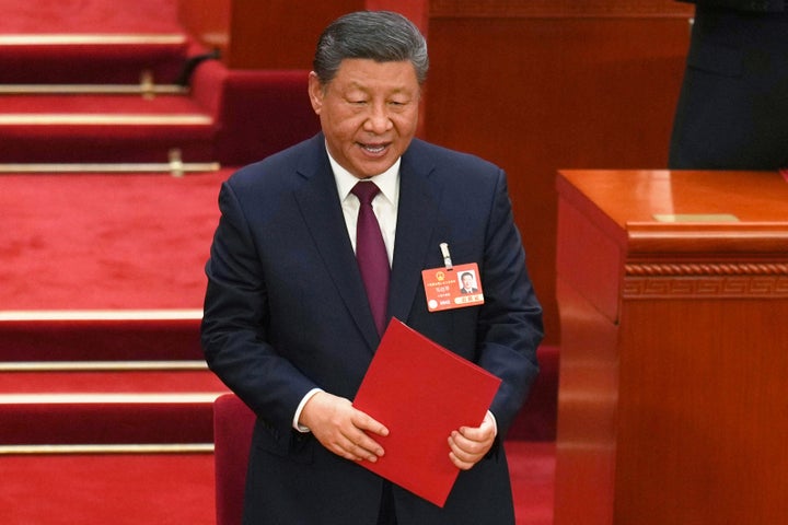 FILE - Chinese President Xi Jinping reacts after the closing ceremony of the National People's Congress held at the Great Hall of the People in Beijing, Tuesday, March 11, 2025. (AP Photo/Ng Han Guan, file)
