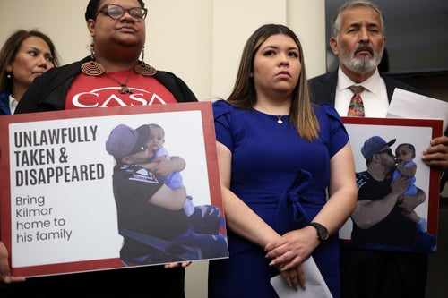 Kilmar Abrego Garcia's wife, Jennifer Vasquez Sura, listens during a news conference to discuss her husband’s arrest and deportation on April 9, 2025, in Washington, D.C. 