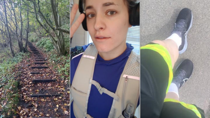 A running path: in a running vest; running