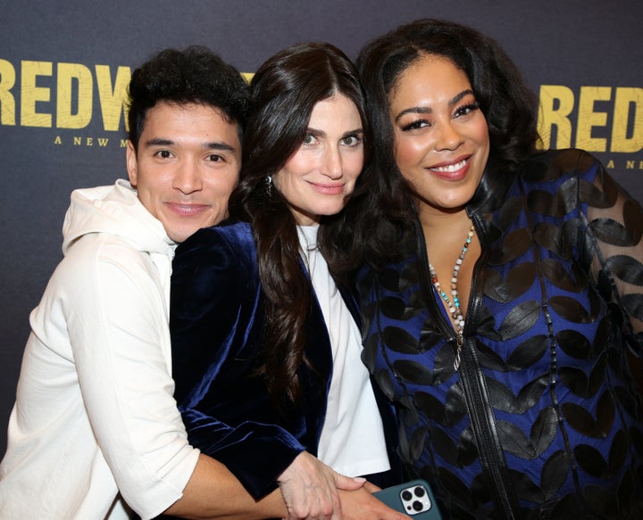 Piser with his “Redwood” moms, Menzel and De’Adre Aziza. “Our show encourages audience members to take a deep breath, and I think everyone needs to take a deep breath, especially now,” he said.