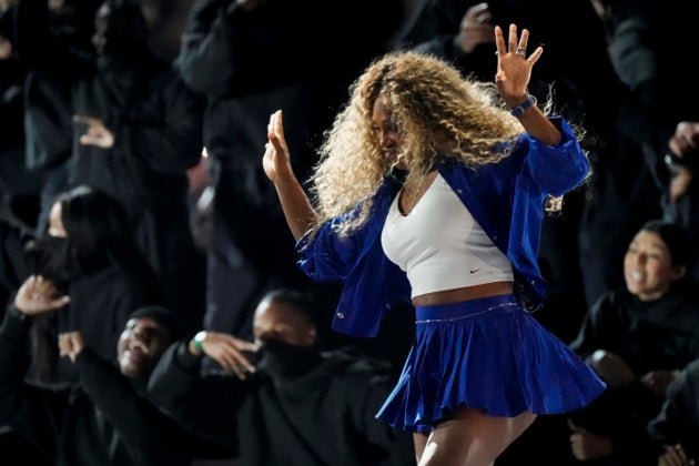 Serena Williams dances during the 2025 Super Bowl