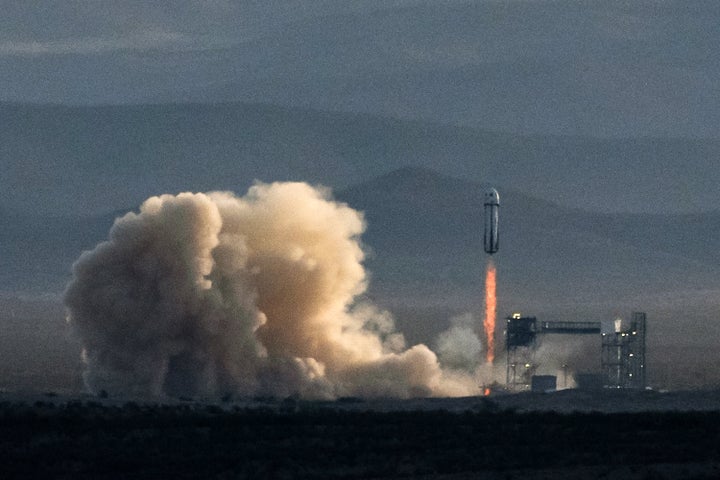 Blue Origin's rocket lifts off from its launch site on April 14, 2025, in Van Horn, Texas.