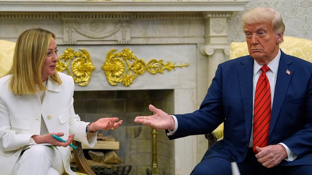 President Donald Trump meets with Italy's Prime Minister Giorgia Meloni in the Oval Office of the White House, Thursday, April 17, 2025, in Washington. (AP Photo/Alex Brandon)
