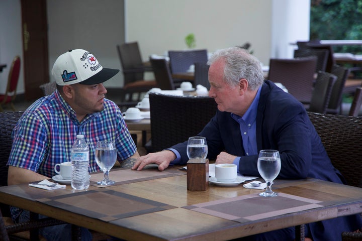 Sen. Chris Van Hollen (D-Md.) meets with Maryland immigrant Kilmar Abrego Garcia on Thursday in El Salvador.