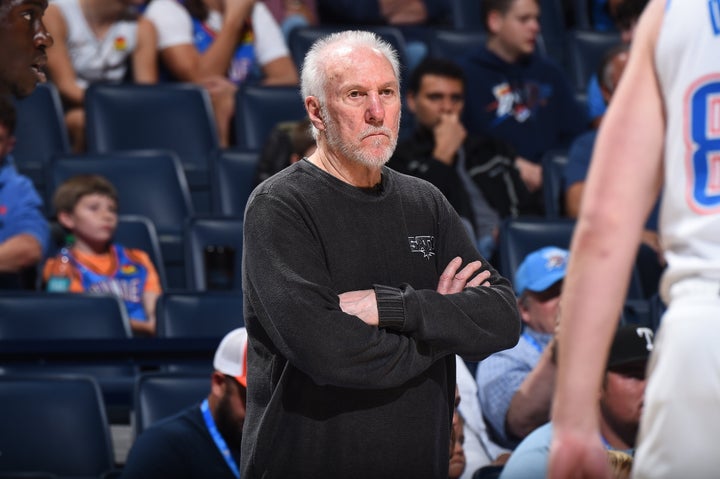 OKLAHOMA CITY, OK - OCTOBER 30: Head Coach Gregg Popovich of the San Antonio Spurs looks on during the game against the Oklahoma City Thunder on October 30, 2024 at Paycom Center in Oklahoma City, Oklahoma. NOTE TO USER: User expressly acknowledges and agrees that, by downloading and or using this photograph, User is consenting to the terms and conditions of the Getty Images License Agreement. Mandatory Copyright Notice: Copyright 2024 NBAE (Photo by Brian Babineau/NBAE via Getty Images)