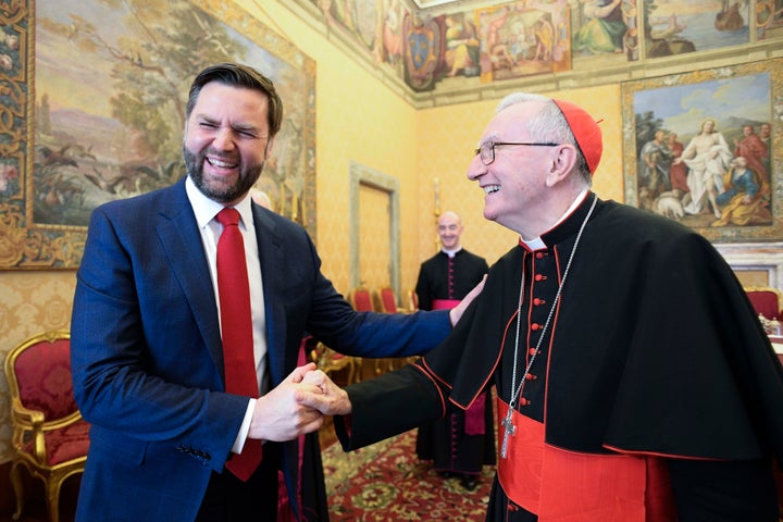 Vatican Secretary of State cardinal Pietro Parolin meets with U.S. Vice President JD Vance during an audience at the Apostolic Palac on April 19, 2025 in Vatican City, Vatican. (Photo by Vatican Media via Vatican Pool/Getty Images)