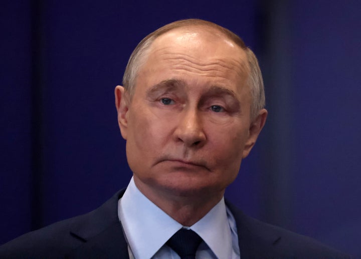 Russian President Vladimir Putin looks on while visiting an exhibition at the Bauman State Technical University, on April 16, 2025 in Moscow, Russia. (Photo by Contributor/Getty Images)