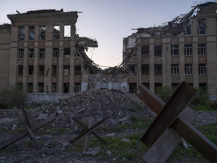 In this photo provided by Ukraine's 93rd Kholodnyi Yar Separate Mechanized Brigade press service, a ruined city center in Kostyantynivka, the site of heavy battles with Russian troops, in the Donetsk region, Ukraine, Saturday, April 19, 2025. (Iryna Rybakova/Ukraine's 93rd Mechanized Brigade via AP)