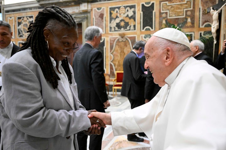 Pope Francis meets with Whoopi Goldberg during an audience with artists from the world of humour at the Apostolic Palace on June 14, 2024, in Vatican City, Vatican. Pope Francis met with more than 100 comedians from around the world, encouraging them to cheer people up and help people see reality with all its contradictions.