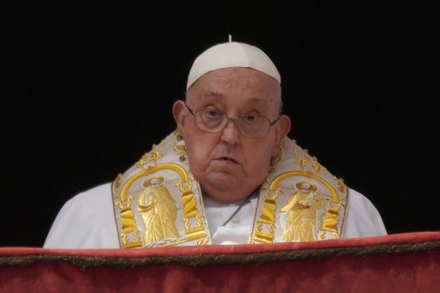 Pope Francis appears on the central lodge of St. Peter's Basilica to bestow the Urbi et Orbi (Latin for to the city and the world) blessing at the end of the Easter mass in St. Peter's Square at the Vatican Sunday, April 20, 2025. 