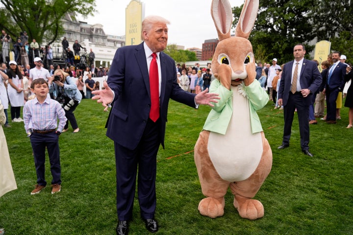 President Donald Trump participates in the White House Easter Egg Roll on the South Lawn of the White House, April 21, 2025, in Washington.