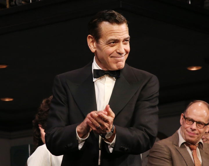 George Clooney appears during the opening night curtain call of Broadway's "Good Night, and Good Luck" on April 3, 2025.