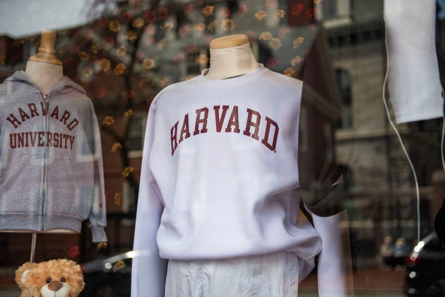 Harvard sweatshirts are displayed for sale in a school store window on the Harvard University campus in Cambridge, Massachusetts, on April 15, 2025.