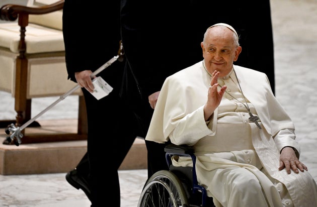 Pope Francis arrives for the weekly general audience on February 28, 2024 