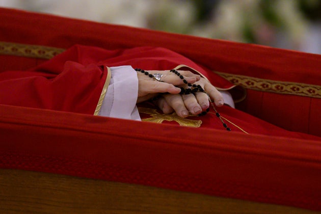 Pope Francis's body is laid out in state inside his private chapel at the Vatican, Monday, April 21, 2025.