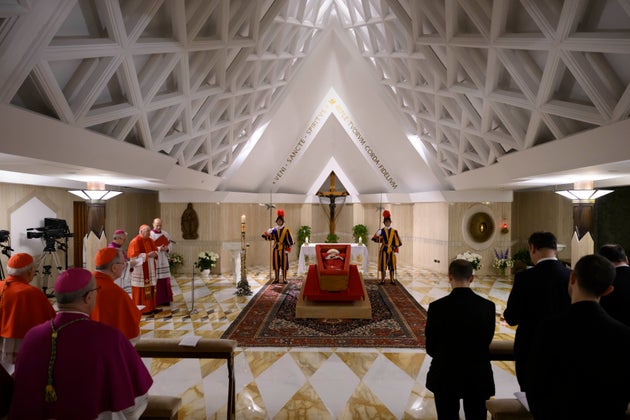 Pope Francis's body is laid out in state inside his private chapel at the Vatican, Monday, April 21, 2025.