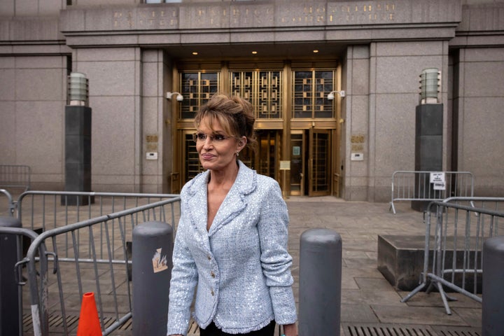 Former Alaska Gov. Sarah Palin leaves Manhattan federal court, after testifying in her defamation trial against the New York Times, Monday, April 21, 2025, in New York. (AP Photo/Yuki Iwamura)